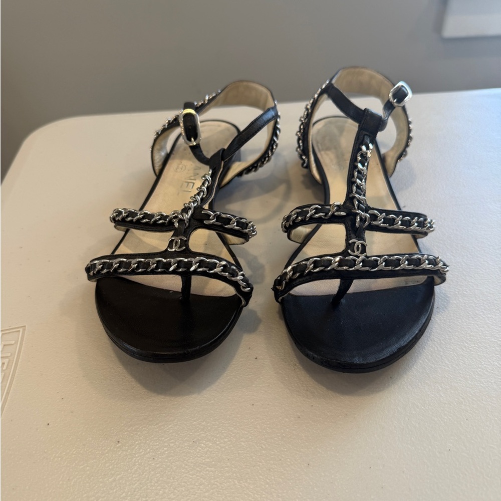Chanel Black and Silver Gladiator Sandals